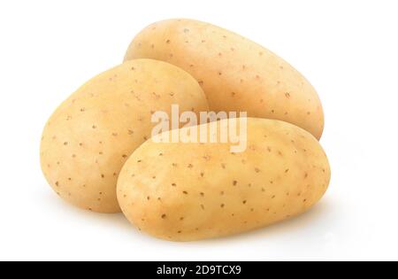 Three whole raw washed potatoes isolated on white background Stock Photo