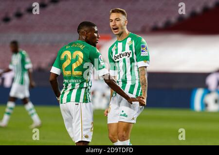 Barcelona, Spain. 07th Nov, 2020. Loren Moron of Real Betis Balompie celebrates his goal with Emerson of Real Betis Balompie during the Liga Santander match between FC Barcelona and Real Betis Balompie at Camp Nou in Barcelona, Spain. Credit: Dax Images/Alamy Live News Stock Photo