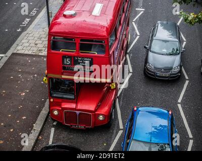 Routemaster bus in traffic, view from above Stock Photo