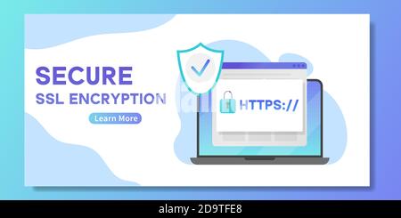 Secure SSL encription banner. Laptop with opened web browser and safety HTTPS - internet communication protocol that protects confidentiality of users Stock Vector