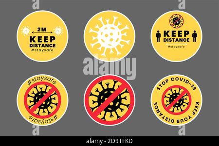 Covid-19 icons. Set of yellow social distance stickers. Round keep your distance labels. Social distancing instruction badges during coronavirus Stock Vector