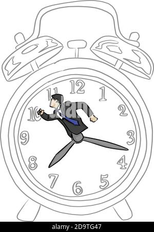 hurry businessman in a big retro alarm clock vector illustration sketch doodle hand drawn with black lines isolated on white background. time business Stock Vector