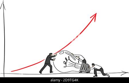 businessman with his friends help the red arrow up with big bulb vector illustration sketch doodle hand drawn with black lines isolated on white backg Stock Vector