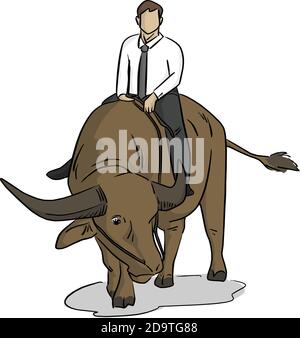 businessman riding buffalo vector illustration with black lines isolated on white background Stock Vector