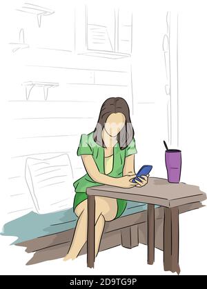 businesswoman using mobile phone at coffee shop or cafe vector illustration with black lines isolated on white background. Stock Vector