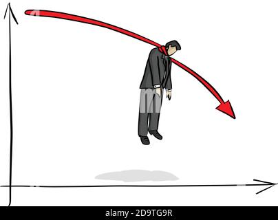 fail businessman hanging on red graph going down vector illustration sketch doodle hand drawn with black lines isolated on white background. Business Stock Vector