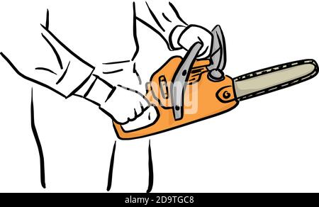 hand holding chainsaw vector illustration sketch doodle hand drawn with black lines isolated on white background. Carpentry tool. Stock Vector