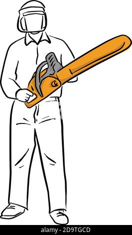 man holding chainsaw with safety vector illustration sketch doodle hand drawn with black lines isolated on white background. Carpentry tool. Stock Vector