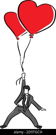 business flying with two heart shape balloons vector illustration sketch doodle hand drawn with black lines isolated on white background Stock Vector