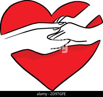 hand of lover holding on red heart shape vector illustration sketch doodle hand drawn with black lines isolated on white background Stock Vector