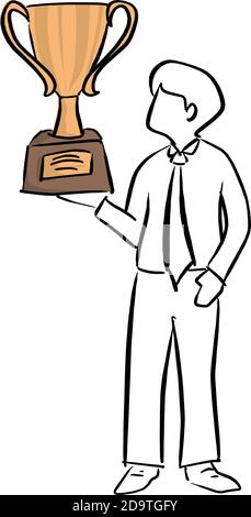 businessman holding big gold trophy vector illustration sketch doodle hand drawn with black lines isolated on white background Stock Vector