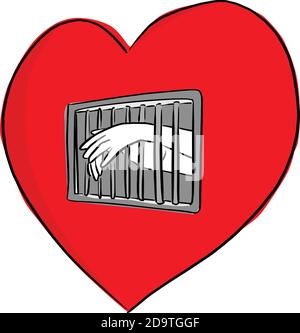 hand of person in the jail of the red heart shape vector illustration sketch doodle hand drawn with black lines isolated on white background Stock Vector