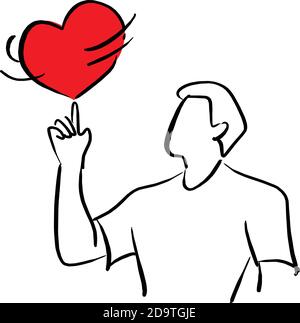 man spinning red heart shape sign on his finger vector illustration sketch doodle hand drawn with black lines isolated on white background Stock Vector