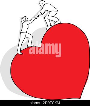 man helping his lover to climb on big red heart shape vector illustration sketch doodle hand drawn with black lines isolated on white background Stock Vector