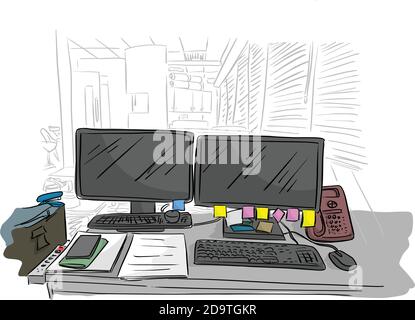 messy business office desk in the room vector illustration with black lines isolated on white background Stock Vector