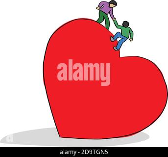 man helping his friend to climb on big red heart shape vector illustration sketch doodle hand drawn with black lines isolated on white background Stock Vector