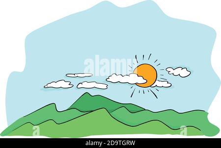 landscape of moubtain and sun vector illustration sketch doodle hand drawn with black lines isolated on white background Stock Vector