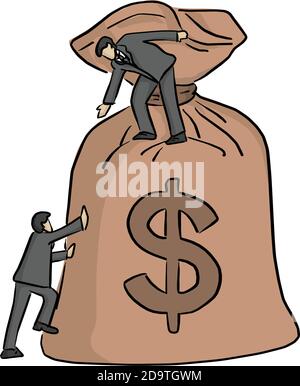 businessman help his friednd to go up to the money bag vector illustration sketch doodle hand drawn with black lines isolated on white background Stock Vector