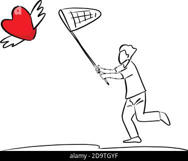 man using net to catch red heart shape sign with wings vector illustration sketch doodle hand drawn with black lines isolated on white background Stock Vector