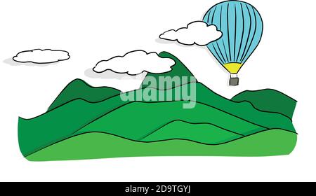 landscape of green mountains with blue hot air balloon vector illustration sketch doodle hand drawn with black lines isolated on white background Stock Vector