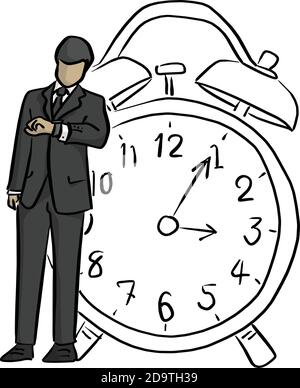 businessman looking at wrist watch with big retro alarm clock vector illustration sketch doodle hand drawn with black lines isolated on white backgrou Stock Vector