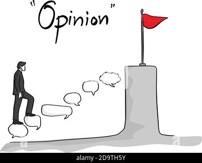 businessman walking on speech bubble of opinion to red flag of success vector illustration sketch doodle hand drawn with black lines isolated on white Stock Vector