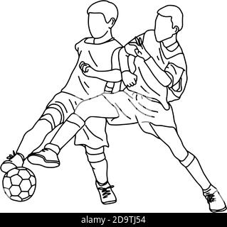 two boys fighting soccer together vector illustration sketch doodle hand drawn with black lines isolated on white background Stock Vector