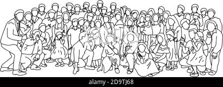 big family taking photo together vector illustration sketch doodle hand drawn with black lines isolated on white background. Teamwork or family concep Stock Vector