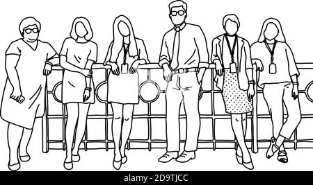 one businessman and five businesswomen standing together vector illustration sketch doodle hand drawn with black lines isolated on white background. T Stock Vector