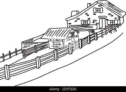 house with fence at countryside in europe area vector illustration sketch doodle hand drawn with black lines isolated on white background Stock Vector