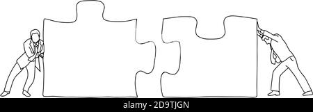 Two businessmen connecting two pieces of jigsaw puzzle together vector illustration sketch doodle hand drawn with black lines isolated on white backgr Stock Vector