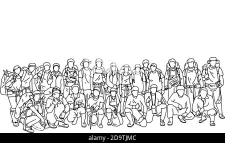 twenty four people in group before trekking into the woods vector illustration sketch doodle hand drawn with black lines isolated on white background Stock Vector