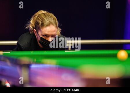 MILTON KEYNES, UNITED KINGDOM. 07th Nov, 2020. Referee: Tatiana Woollaston looks on the snooker table during Day 2 Semi-Finals of 2020 888Sport Champion of Champions Snooker at Marshall Arena on Saturday, November 07, 2020 in MILTON KEYNES, ENGLAND. Credit: Taka G Wu/Alamy Live News Stock Photo