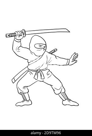 Samurai with japanese sword katana for coloring. Colouring template for