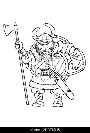 Viking with ax for coloring. Colouring template for children. Stock Photo