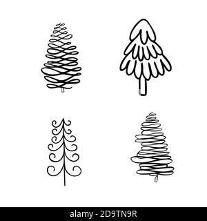 Simple hand drawn in doodle style Christmas tree set vector outline illustration for coloring book wintertime happy holidays celebration Stock Vector