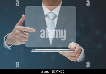 Businessman Touching in graph Screen Icon of media screen,Technology Process System Business concept. Stock Photo
