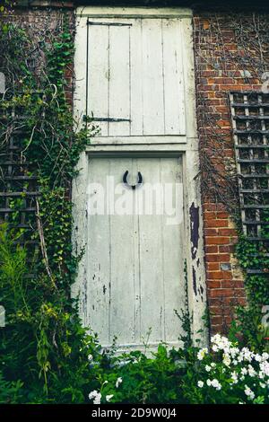 Beautiful rural white rustic door with overgrown by weeds stairs, british countryside house in the middle of nowhere. Stock Photo