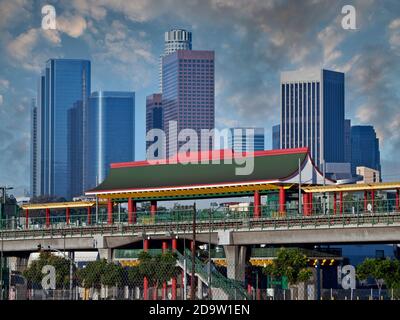 Chinatown light rail metro station in downtown Los Angeles California with cloudy sky. Stock Photo