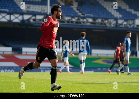 Liverpool. 8th Nov, 2020. Manchester United's Bruno Fernandes celebrates after scoring his first goal during the Premier League match between Everton and Manchester United at Goodison Park Stadium in Liverpool, Britain, on Nov. 7, 2020. Manchester United won 3-1. Credit: Xinhua/Alamy Live News Stock Photo