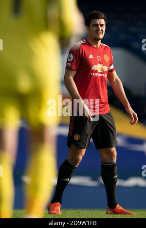 Liverpool. 8th Nov, 2020. Manchester United's Harry Maguire waits for the ball during the Premier League match between Everton and Manchester United at Goodison Park Stadium in Liverpool, Britain, on Nov. 7, 2020. Manchester United won 3-1. Credit: Xinhua/Alamy Live News Stock Photo