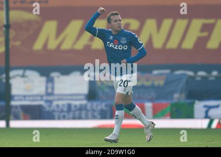 Liverpool. 8th Nov, 2020. Everton's Bernard celebrates after scoring during the Premier League match between Everton and Manchester United at Goodison Park Stadium in Liverpool, Britain, on Nov. 7, 2020. Manchester United won 3-1. Credit: Xinhua/Alamy Live News Stock Photo