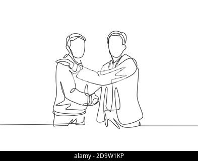 Single line drawing businessmen handshaking his business partner after getting big project. Great teamwork. Business deal concept with continuous line Stock Vector