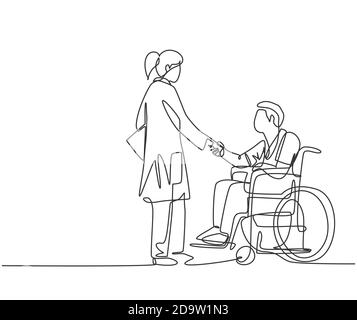 One line drawing of young female doctor visiting and handshaking the patient with wheelchair in hospital. Continuous line drawing design, vector Stock Vector