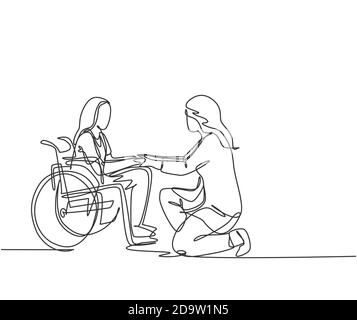One line drawing young doctor visiting and handshaking the old patient with wheelchair in hospital. Health care service concept. continuous line draw Stock Vector