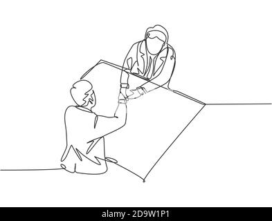 Single line drawing businessmen handshaking his business partner after getting big project. Great teamwork. Business deal concept with trendy design Stock Vector