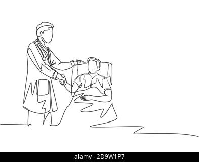 Continuous line drawing of young doctor visit a patient laying at bed in hospital and handshaking him to ask the condition - one line drawing vector Stock Vector