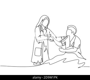Continuous line drawing young happy female doctor visit a patient who laying on bed in hospital and handshaking him to ask the condition. Healthcare Stock Vector