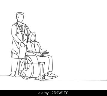 One line drawing of young doctor visiting and handshaking the old patient with wheelchair in hospital. Healthcare concept. Continuous line drawing Stock Vector