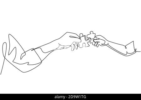 One line drawing of two hands holding puzzle pieces and want to merge together. Father or mother and son teamwork to build super family Stock Vector